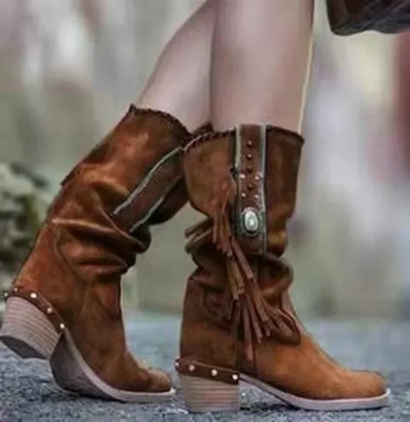 Bohemian Tassel Rivet Mid-Calf Boots — Faux Suede, Thick Heel