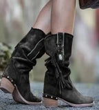 Bohemian Tassel Rivet Mid-Calf Boots — Faux Suede, Thick Heel