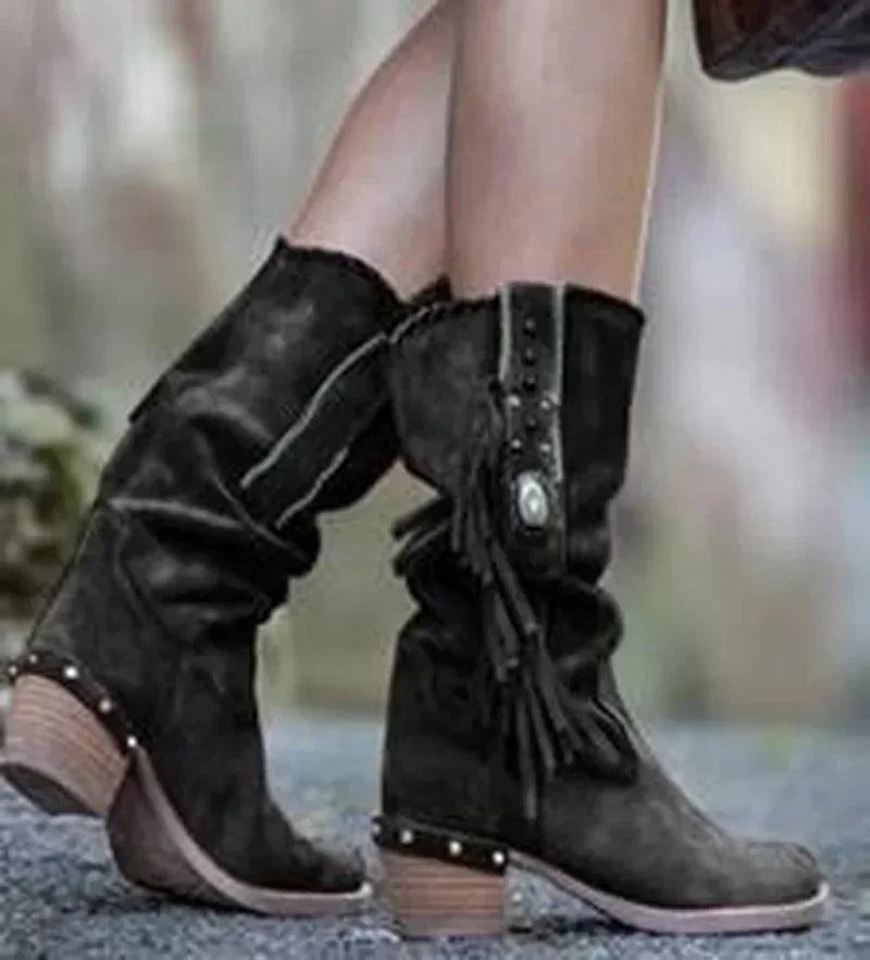 Bohemian Tassel Rivet Mid-Calf Boots — Faux Suede, Thick Heel