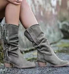 Bohemian Tassel Rivet Mid-Calf Boots — Faux Suede, Thick Heel