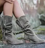 Bohemian Tassel Rivet Mid-Calf Boots — Faux Suede, Thick Heel