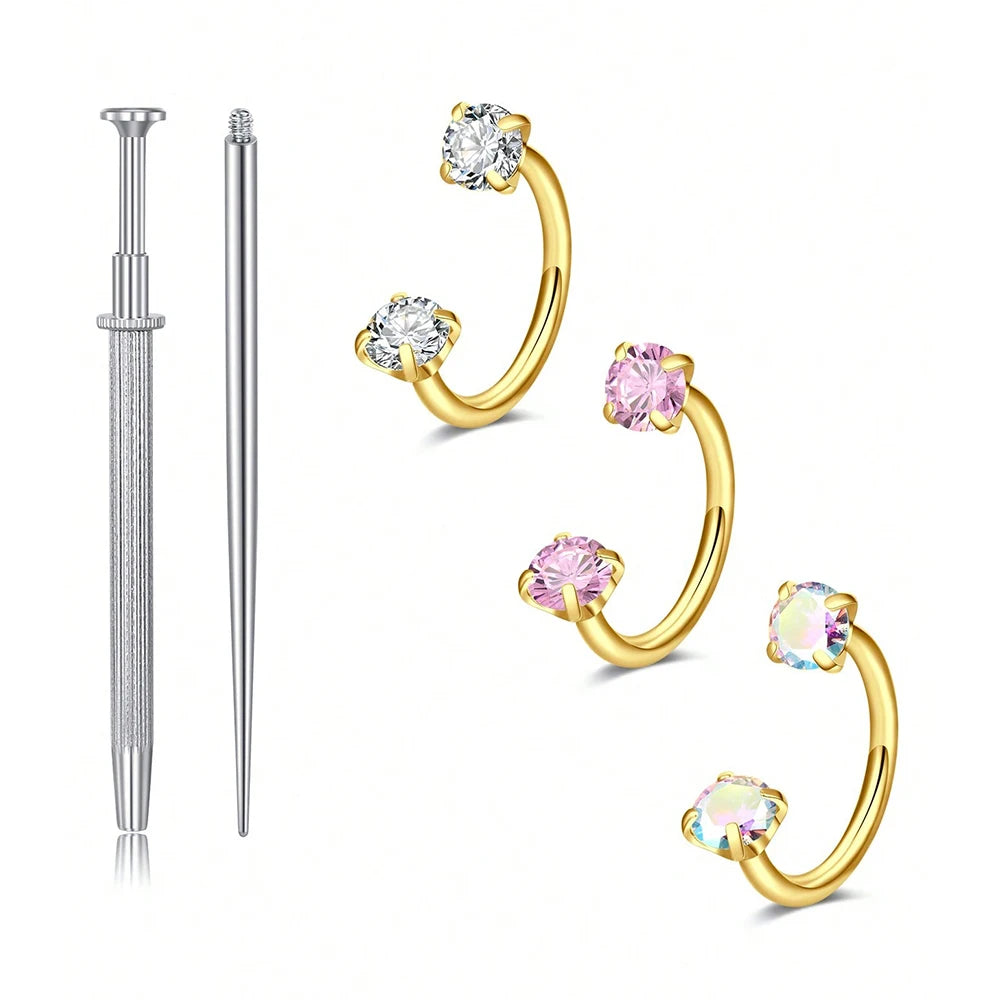 Horseshoe Nose Rings 18G Stainless Steel Double Gem