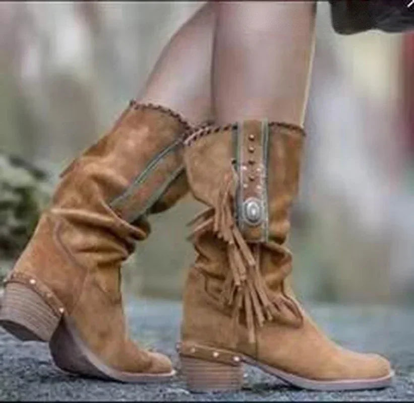 Bohemian Tassel Rivet Mid-Calf Boots — Faux Suede, Thick Heel