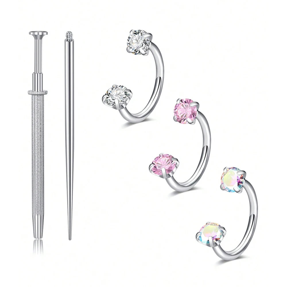 Horseshoe Nose Rings 18G Stainless Steel Double Gem