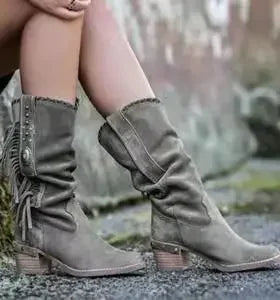 Bohemian Tassel Rivet Mid-Calf Boots — Faux Suede, Thick Heel