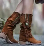 Bohemian Tassel Rivet Mid-Calf Boots — Faux Suede, Thick Heel