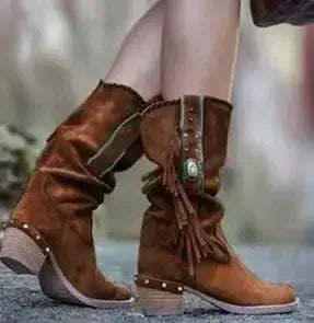 Bohemian Tassel Rivet Mid-Calf Boots — Faux Suede, Thick Heel