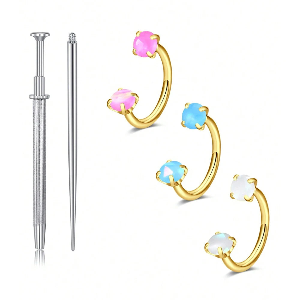Horseshoe Nose Rings 18G Stainless Steel Double Gem