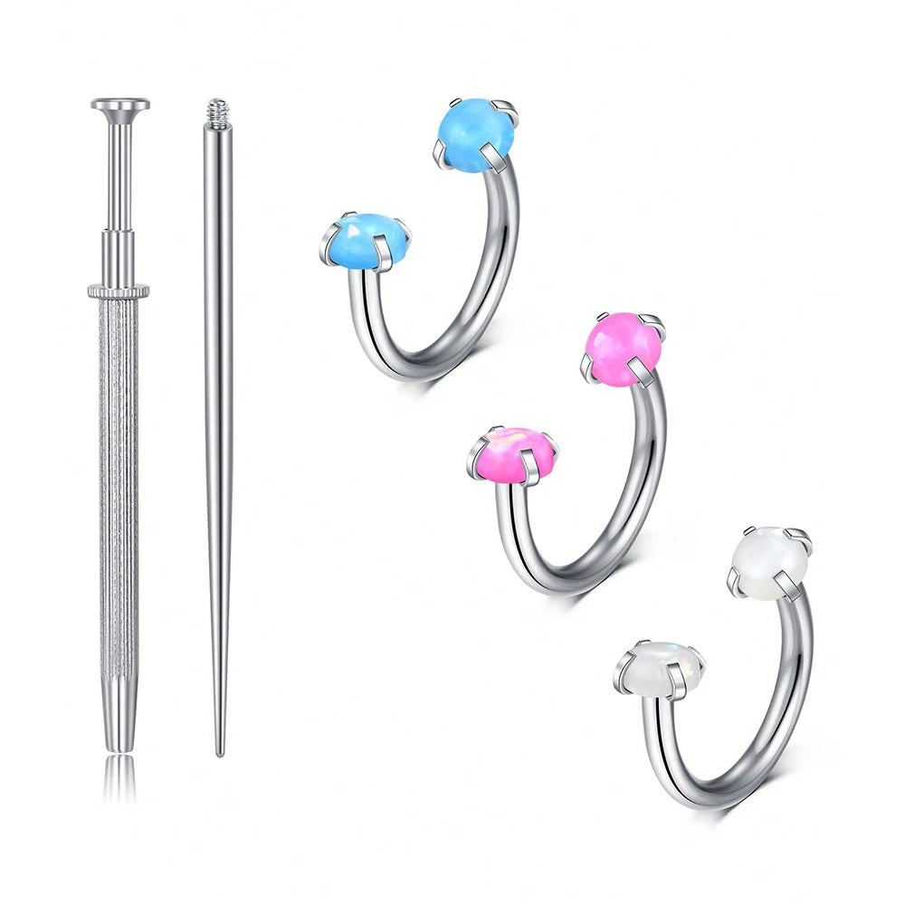 Horseshoe Nose Rings 18G Stainless Steel Double Gem