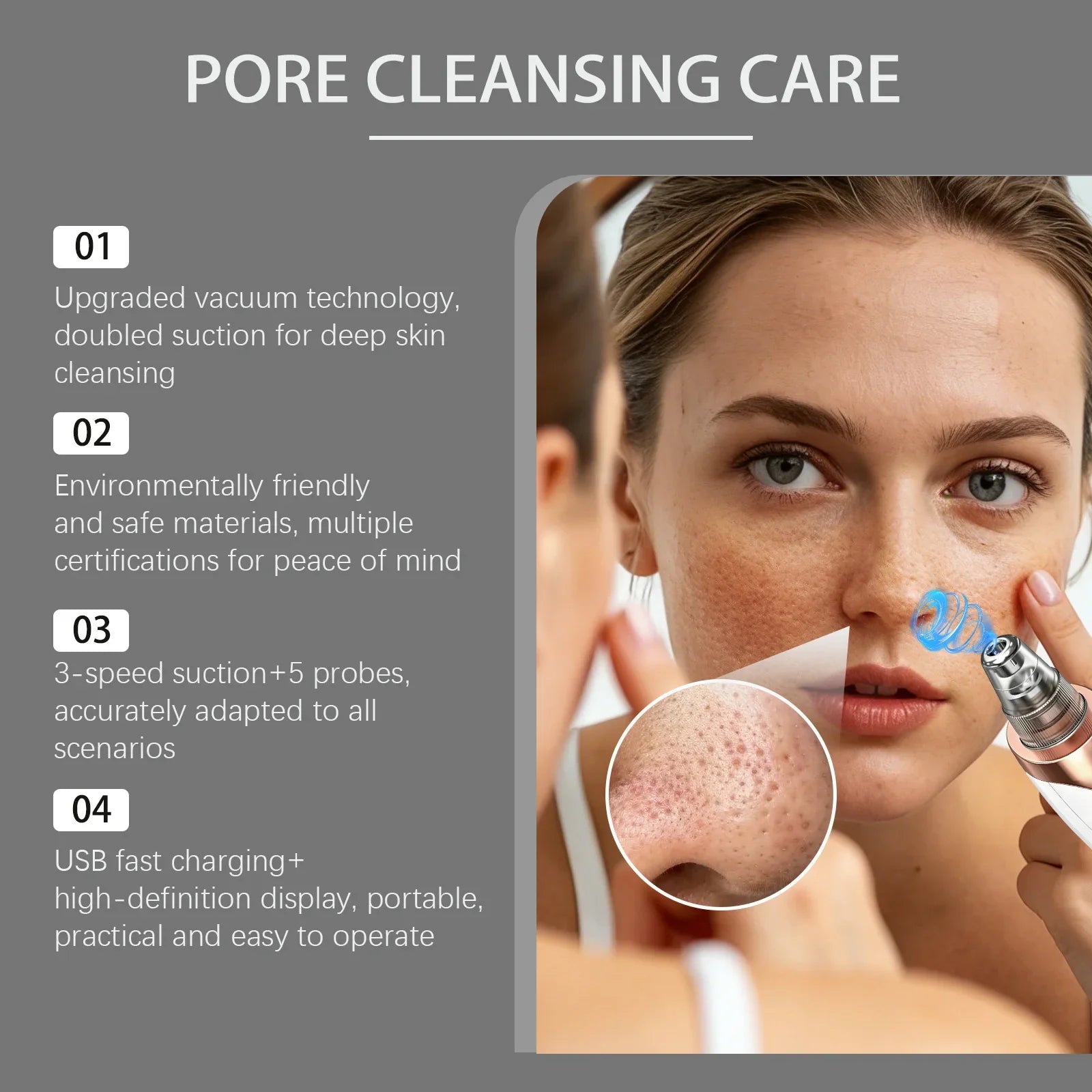 Blackhead Remover Pore Vacuum, Facial Pore Cleaner - 5 Suction Power, 5 Probes, USB Rechargeable