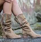 Bohemian Tassel Rivet Mid-Calf Boots — Faux Suede, Thick Heel