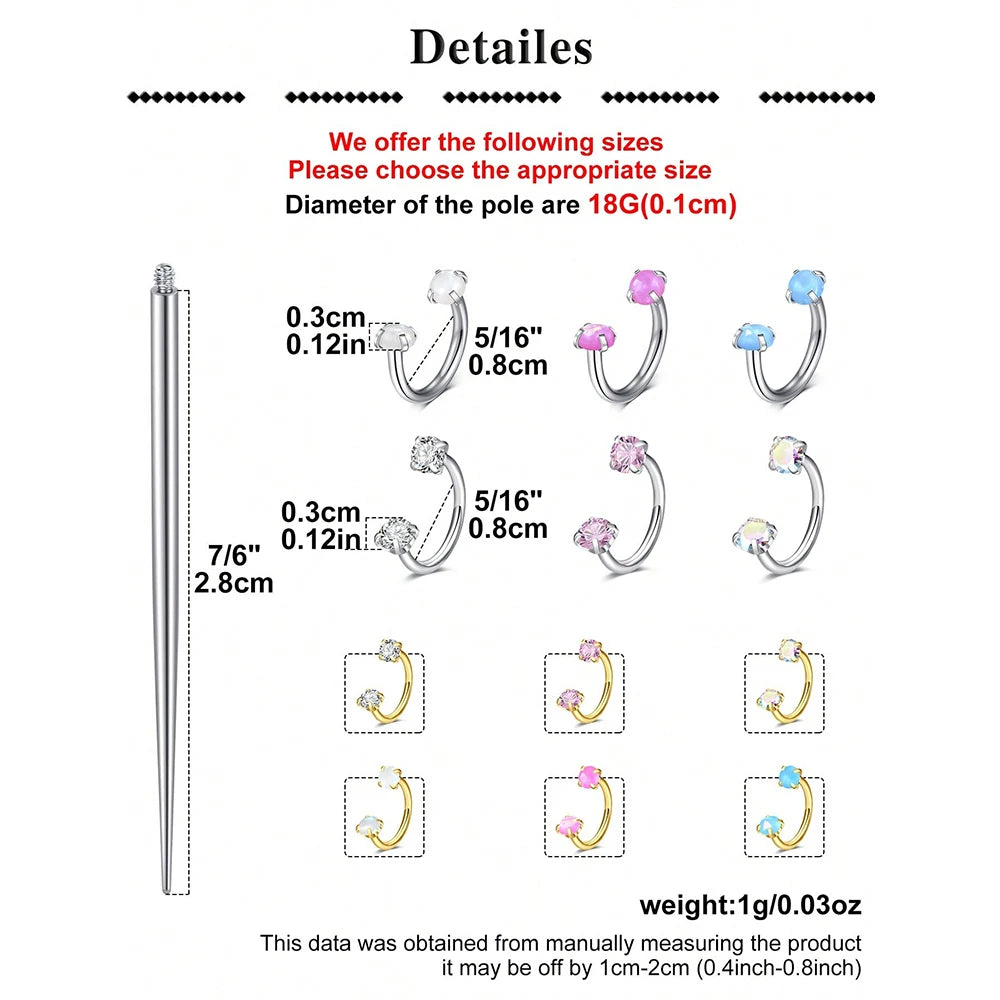 Horseshoe Nose Rings 18G Stainless Steel Double Gem