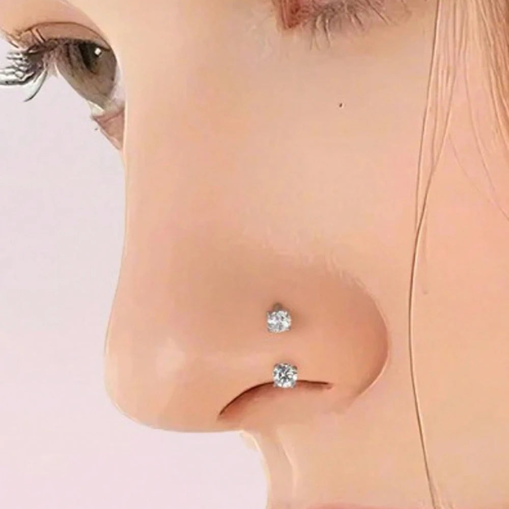 Horseshoe Nose Rings 18G Stainless Steel Double Gem