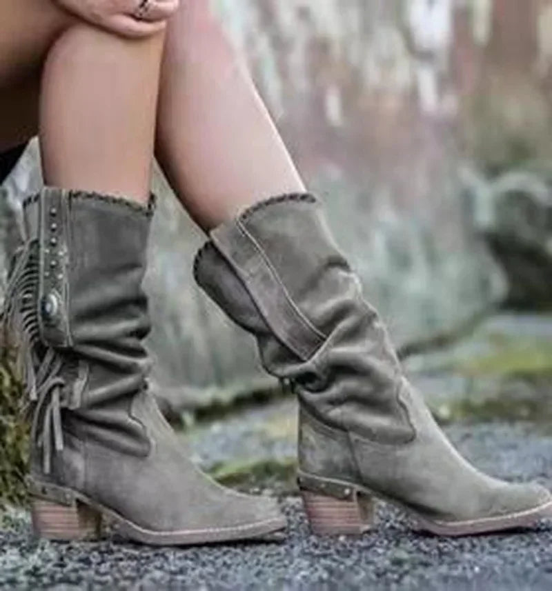 Bohemian Tassel Rivet Mid-Calf Boots — Faux Suede, Thick Heel