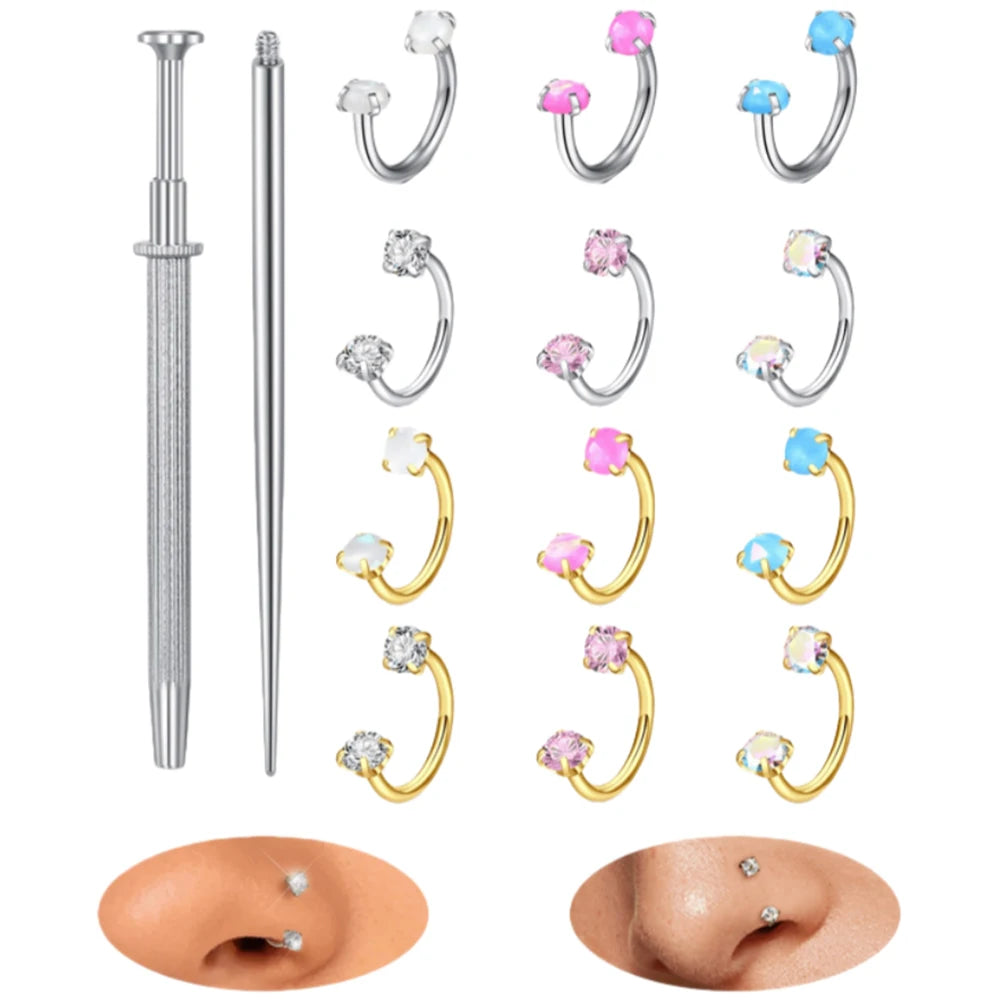Horseshoe Nose Rings 18G Stainless Steel Double Gem