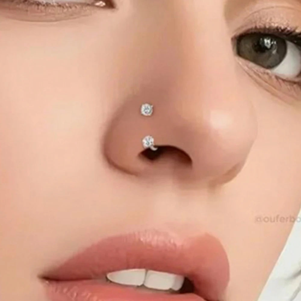 Horseshoe Nose Rings 18G Stainless Steel Double Gem