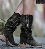 Bohemian Tassel Rivet Mid-Calf Boots — Faux Suede, Thick Heel