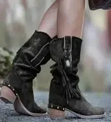 Bohemian Tassel Rivet Mid-Calf Boots — Faux Suede, Thick Heel
